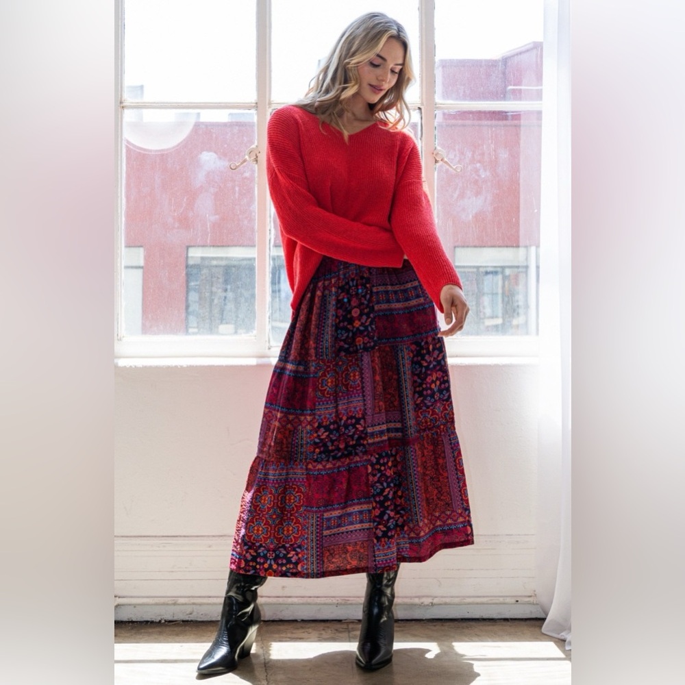ODDI Full Size Printed Tiered Maxi Skirt